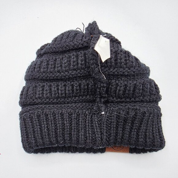 TxT Knit Pom Beanie Black Faux Fur One Size Ribbed Winter Warm Hat Casual - Picture 3 of 6